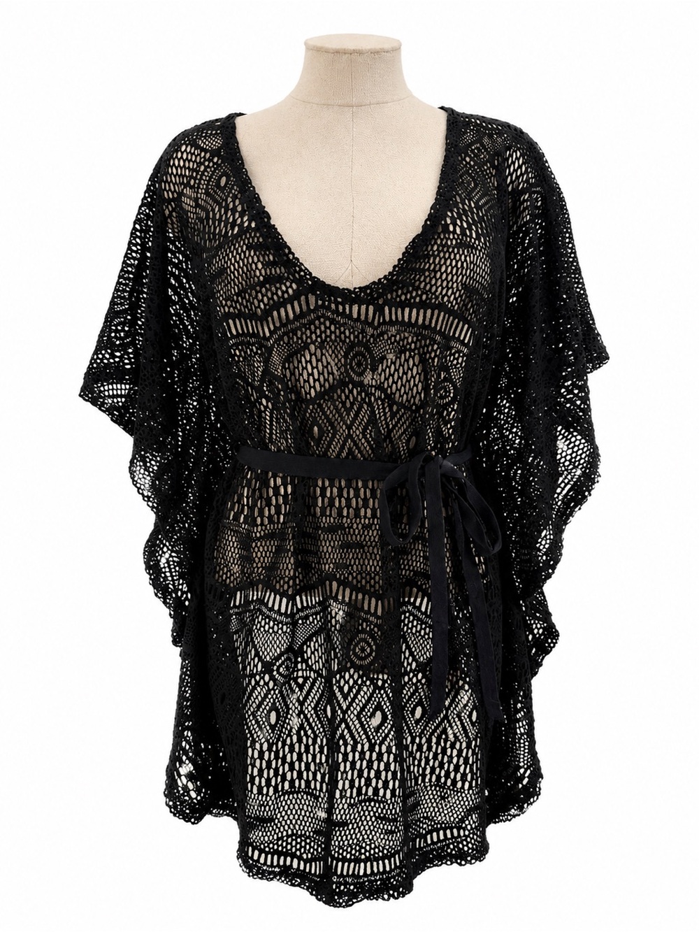 Portocruz Black Swim Coverup Mesh Sheer Size Large Tie Closure Beach